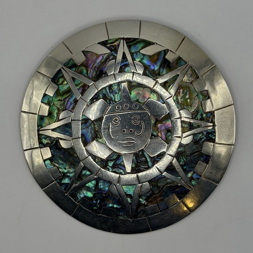 Vintage Mexico 925 Sterling Silver Abalone Aztec Sun Face Brooch 22.3g Signed JB